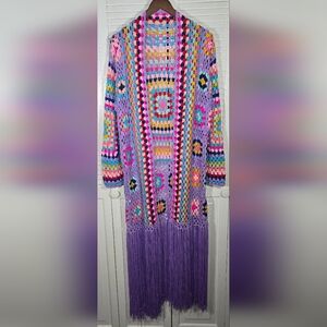 No Brand Fringe Tie Granny Square Open Front Colorful Slight Stretch Cardigan 2X